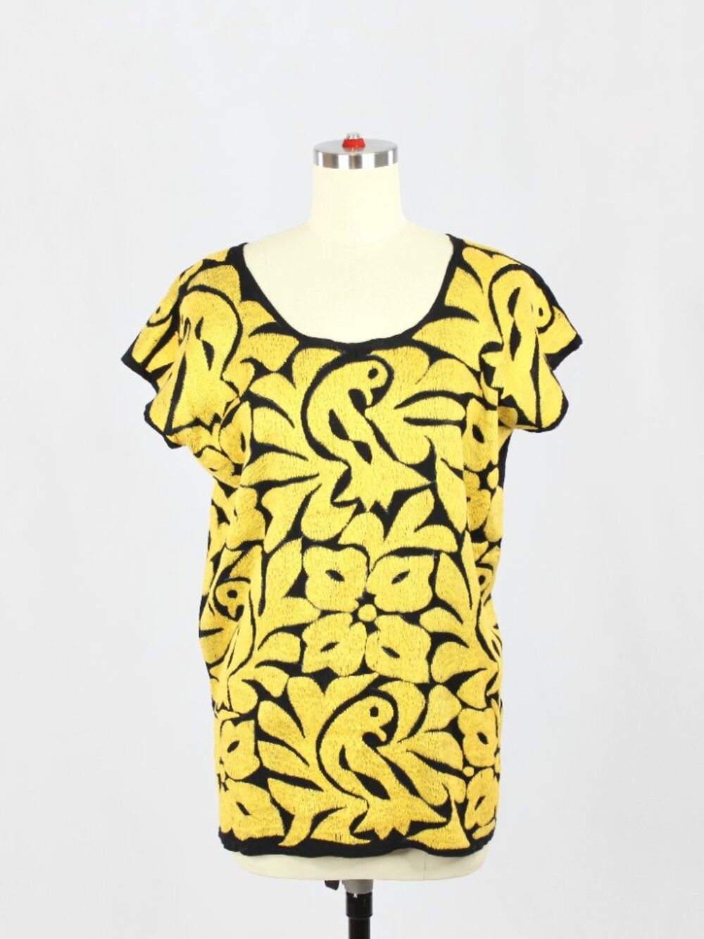 Handmade Mexican Black Yellow Hand Embroidered Tuxtepec Jalapa Huipil Tunic